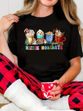 Women's Christmas Themed "HAPPY HOLIDAYS" Print Round Neck Tee, Casual Soft Comfortable Long Sleeve Crew Neck T-shirt for Daily Wear, Ladies Clothes for All Seasons