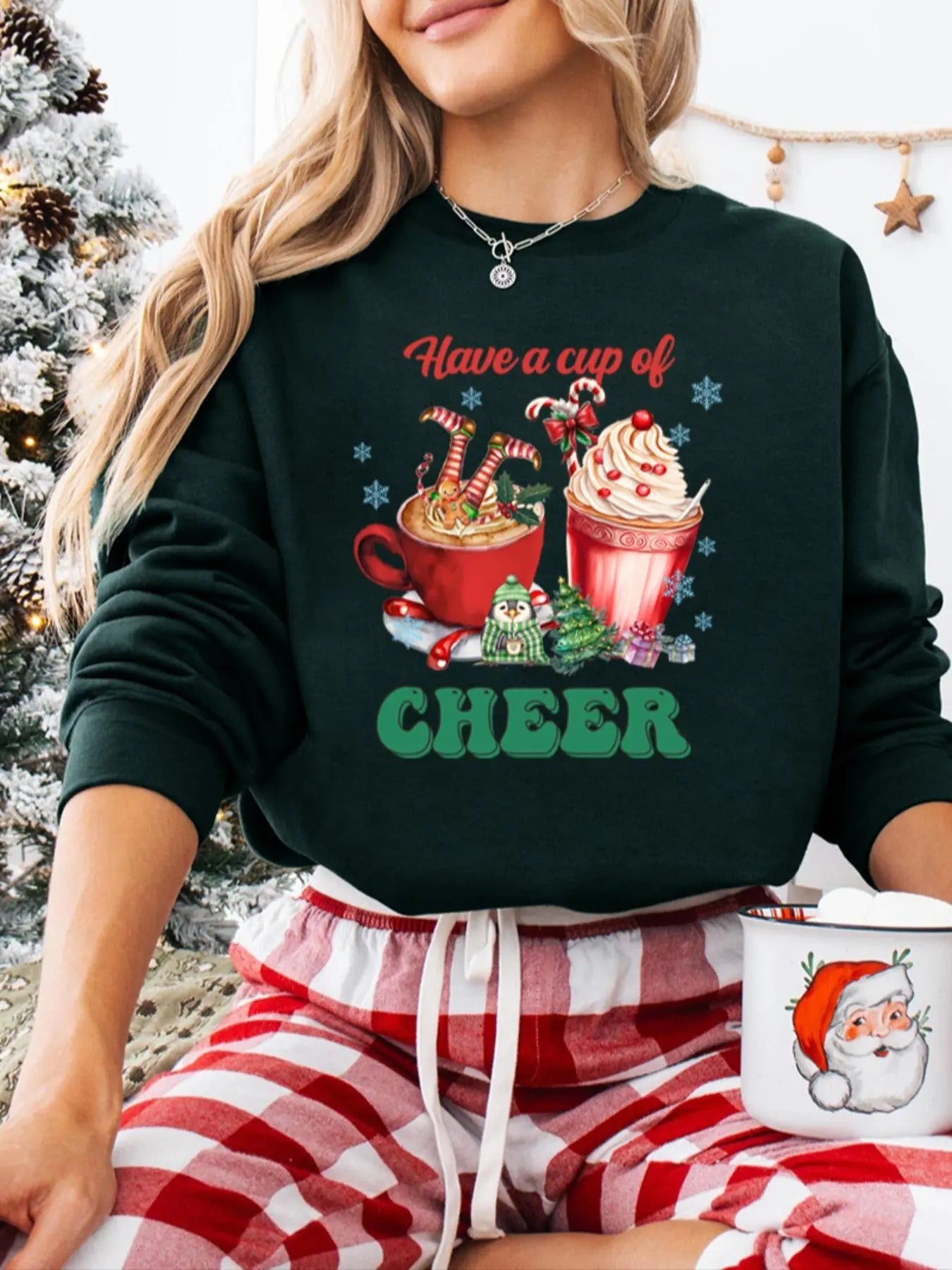Women's Christmas Themed Graphic & Letter Print Drop Shoulder Sweatshirt, Casual Long Sleeve Round Neck Pullover for Fall & Winter, Ladies Clothes for Daily Wear