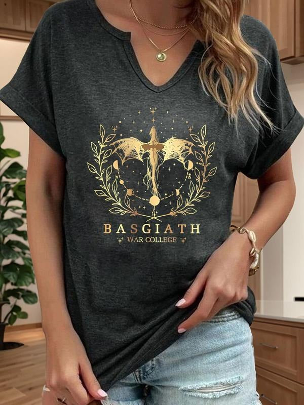 Women's Dragon & Wreath Print V Neck Tee, Casual Short Sleeve T-Shirt for Summer, Women's Top for Daily Wear