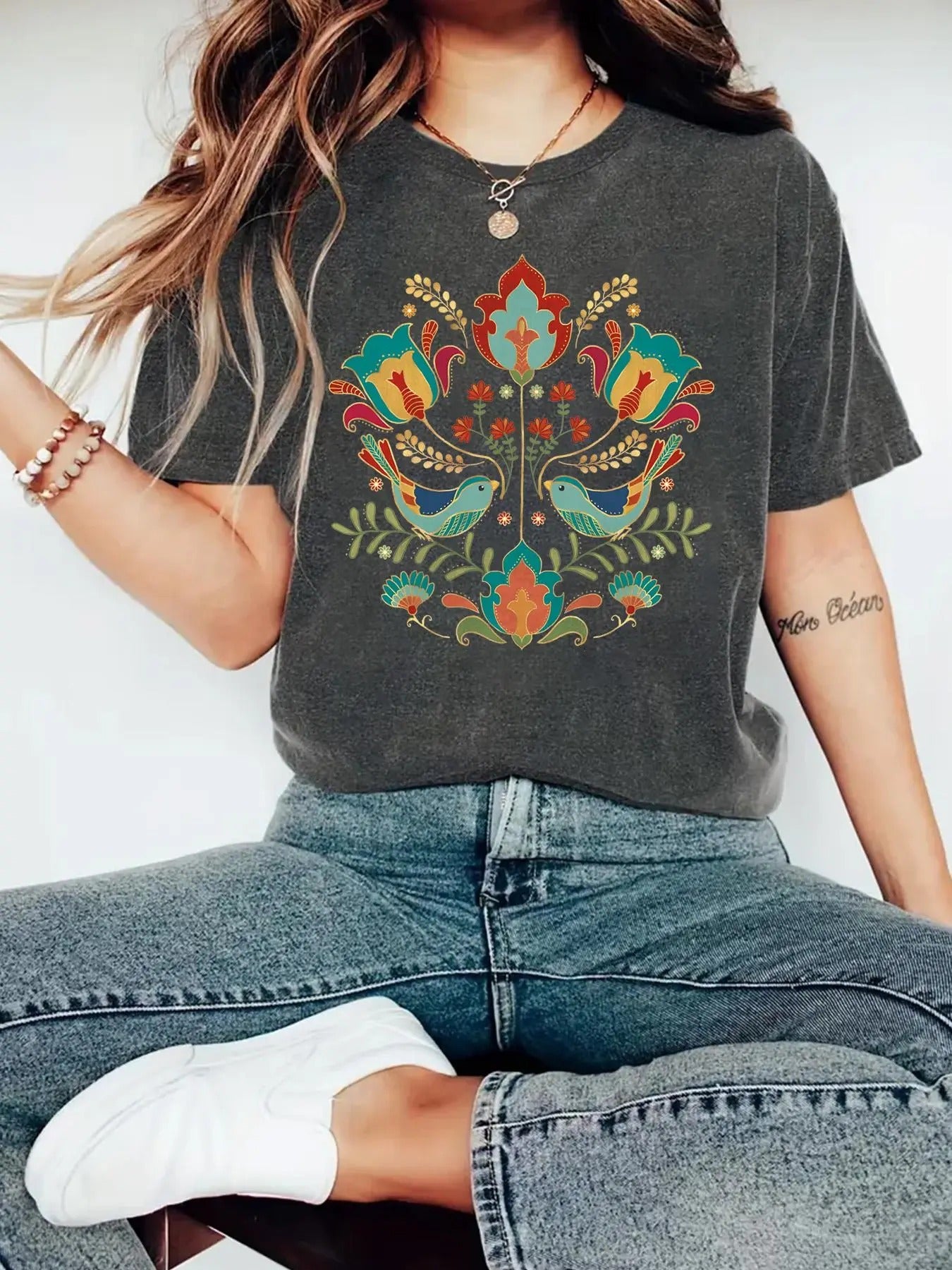 Women's Floral & Bird Print Round Neck Tee, Vintage Trendy Casual Crew Neck Short Sleeve T-shirt for Daily Wear, Ladies All Seasons Top