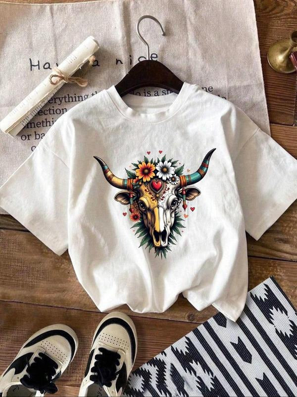 Women's Floral & Bull Head Print Round Neck Tee, Vintage Trendy Casual Short Sleeve T-shirt for Daily Wear, Ladies Summer Outfit, Top