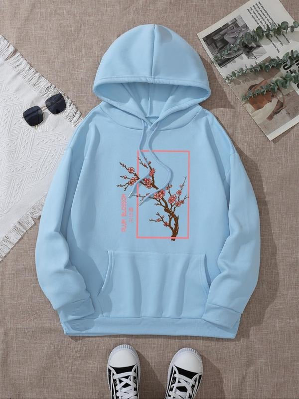 Women's Floral & Letter Print Drop Shoulder Hoodie, Trendy Casual Drawstring Pocket Hooded Sweatshirt for Daily Holiday Outdoor Wear, Ladies Clothes for Spring & Fall