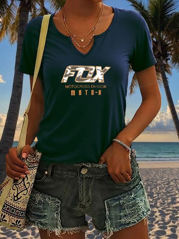 Women's Fox Moto-X Logo Print T-Shirt, Casual Fitted Short Sleeve V Neck Summer Top, Trendy Fashion Women's Clothing