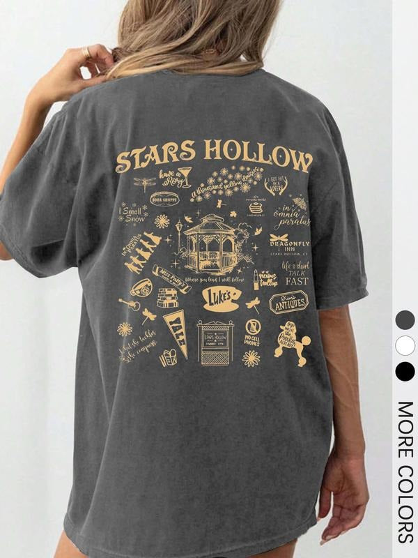 Women's Gilmore Girls Merchandise, Stars Hollow Map Print T-Shirt with Luke's Diner Logo and Iconic Quotes, Soft and Casual Top for TV Show Fans, Casual Wear and Fandom Gifts