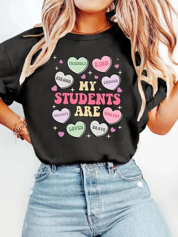 Women's Heart & Letter Print Round Neck Graphic Tee, Vintage Trendy Casual Short Sleeve T-shirt for Daily Wear, Ladies Spring & Fall Outfit, Top