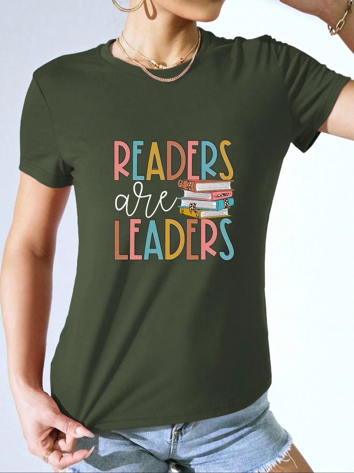 Women's Letter & Book Print Round Neck Tee, Vintage Trendy Casual Short Sleeve T-shirt for Daily Wear, Ladies All Seasons Outfit