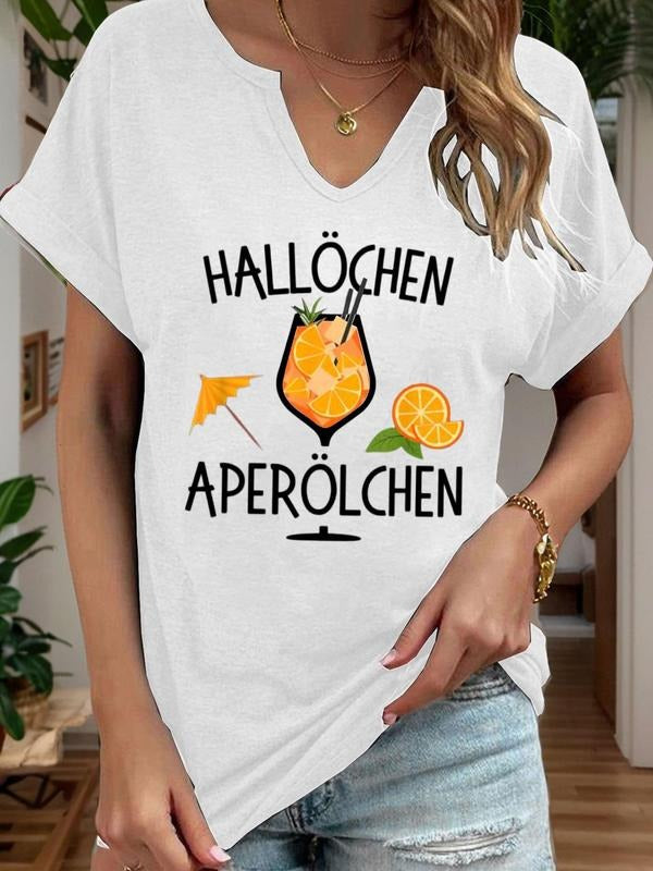 Women's Letter & Drink Print V Neck Tee, Casual Short Sleeve T-shirt for Summer, Ladies Clothes for Daily Wear, Top style 02