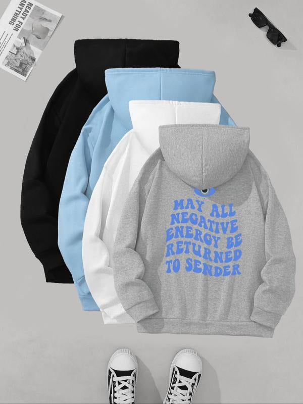 Women's Letter & Eye Print Drop Shoulder Hoodie, Trendy Drawstring Pocket Hooded Sweatshirt for Daily Holiday Outdoor Wear, Women Clothing for Fall & Winter