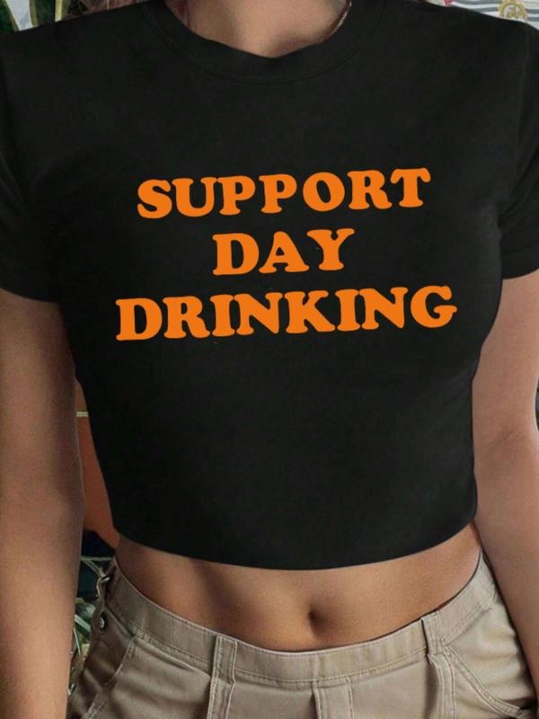 Women's Letter & Slogan Print Round Neck Crop Tee, Y2K Trendy Casual Slim-fitting Short Sleeve T-shirt for Daily Wear, Ladies Summer Outfit