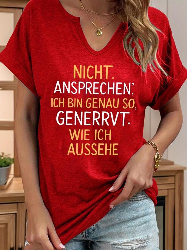 Women's Letter Print V Neck Tee, Casual Short Sleeve T-shirt for Summer, Fashion Women's Top for Daily Wear