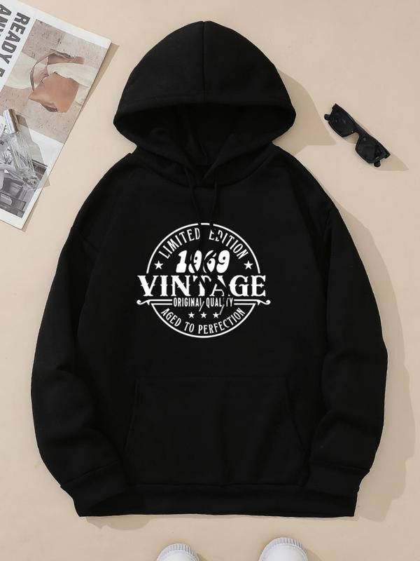 Women's Letter Print Vintage Hoodie, Casual Long Sleeve Hooded Sweatshirt for Fall & Winter, Women's Clothes for Daily Wear