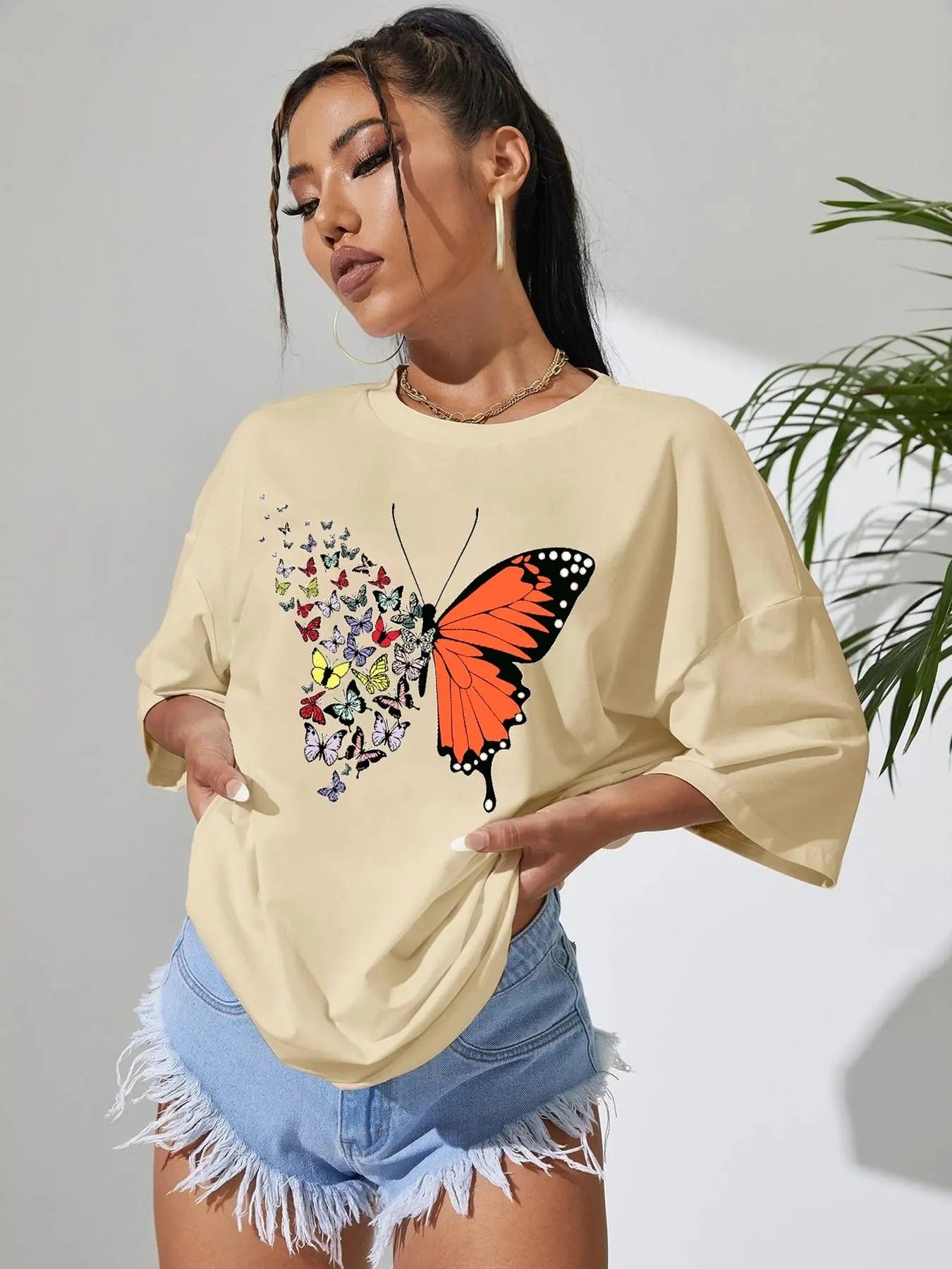 Women's Oversized Butterfly Print Drop Shoulder T-Shirt, Trendy Graphic Short Sleeve Round Neck Tee, Summer Clothes Women, Ladies Teen Girls Clothes