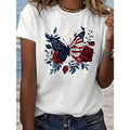 Women's Patriotic American Flag Butterfly & Roses Print Cotton T-Shirt - Soft Breathable Round Neck Casual Tee for Spring Summer Fall, Festive 4th of July Outfits, Seasonal Fashion | Round Neck Top | Medium Elasticity