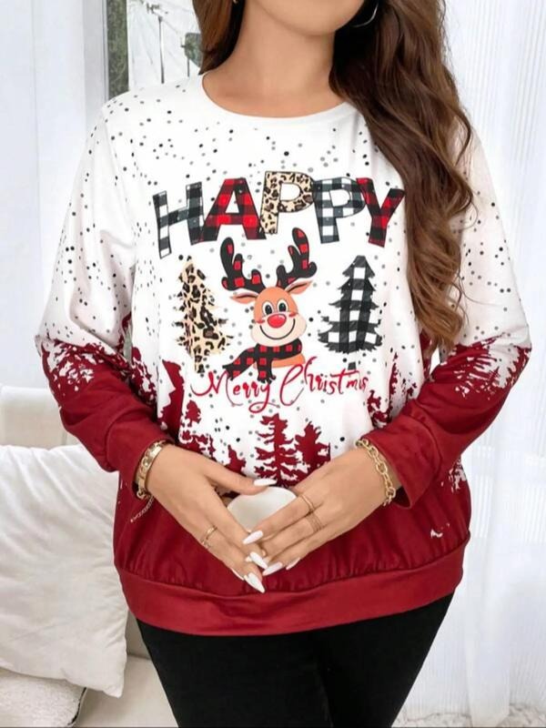 Women's Plus Cartoon Reindeer Print Round Neck Sweatshirt, Long Sleeve Crew Neck Pullover for Spring & Fall, for Daily Vacation, Party Outfit, Comfort Tops