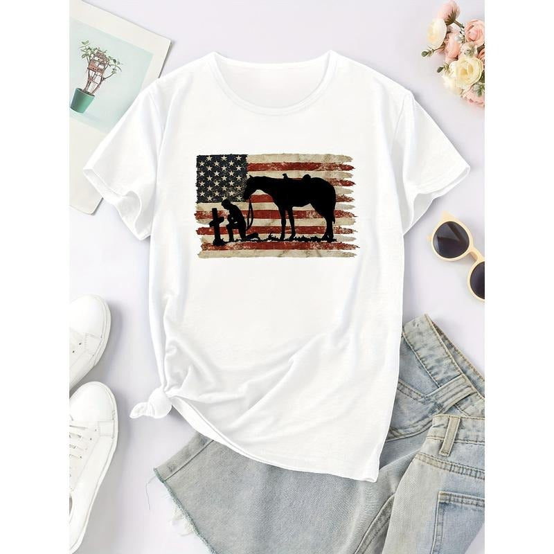 Women's Retro Patriotic American Flag & Soldier Silhouette Crew Neck T-Shirt - Vintage Military Design, Soft Breathable Fabric, Casual Short Sleeve Spring Summer, American Flag Clothes, Seasonal Fashion, Durable Construction, Fashion Enthusiasts