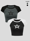 Women's Star Print Raglan Sleeve Crop Tee, Y2K Casual Colorblock Crew Neck T-shirt, Graphic Tees, Lady Summer Clothes for Daily Wear