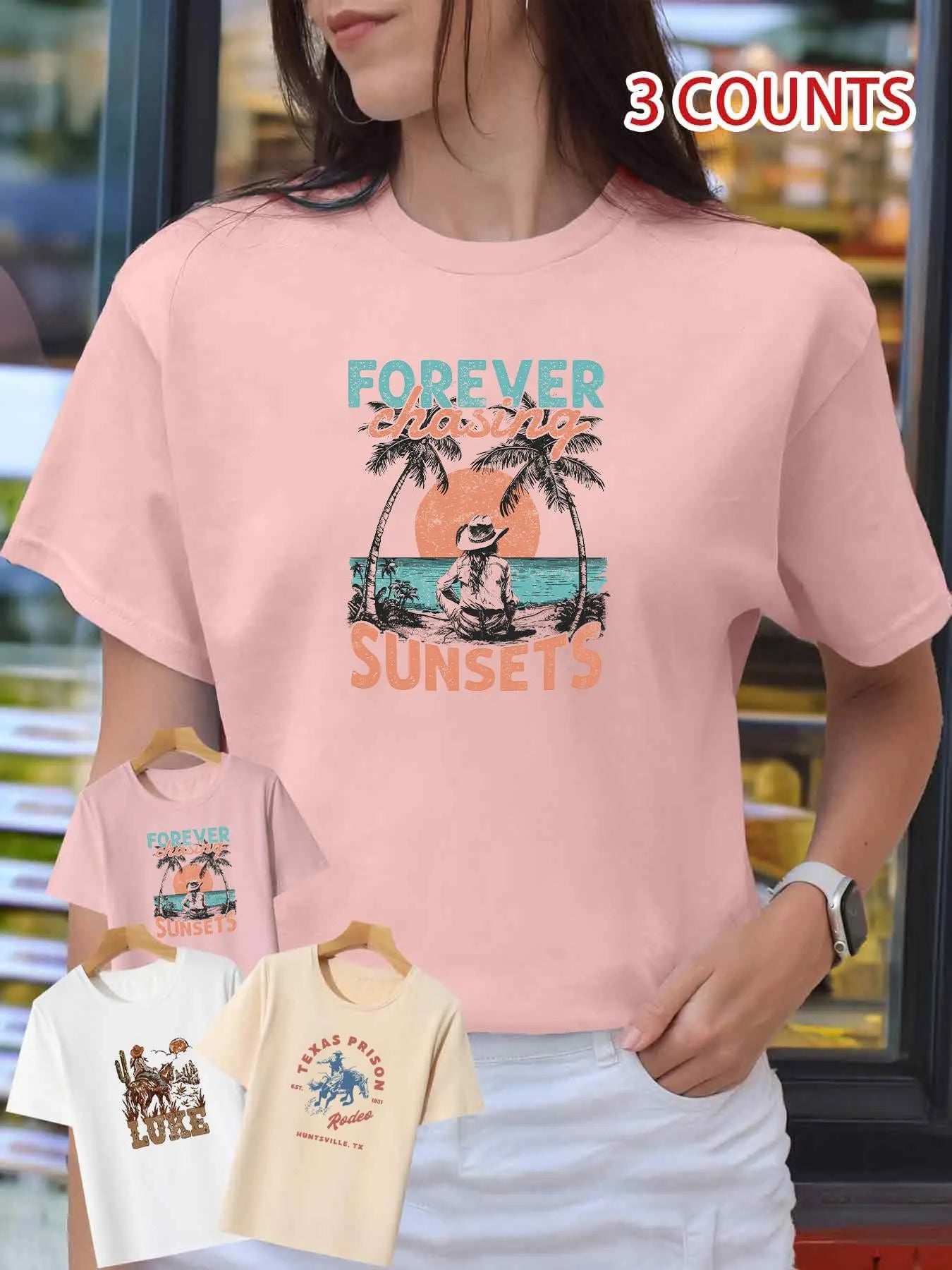 Women's Sunset Print Round Neck Graphic Tee, Vintage Trendy Casual Short Sleeve T-shirt for Daily Wear, Ladies Summer Outfit