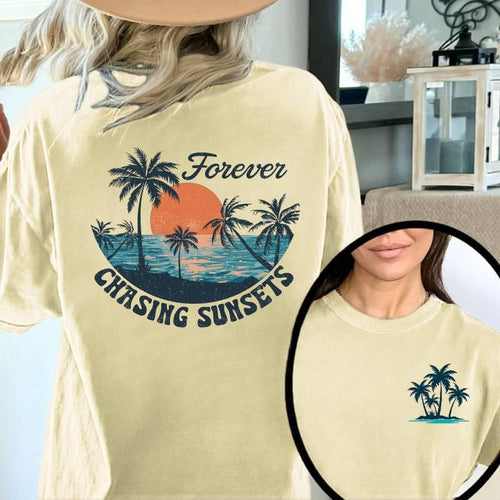"Women's T - Shirt Capturing Tropical Allure, with a Palm Tree Graphic on the Front and the Phrase 'Forever CHASING...