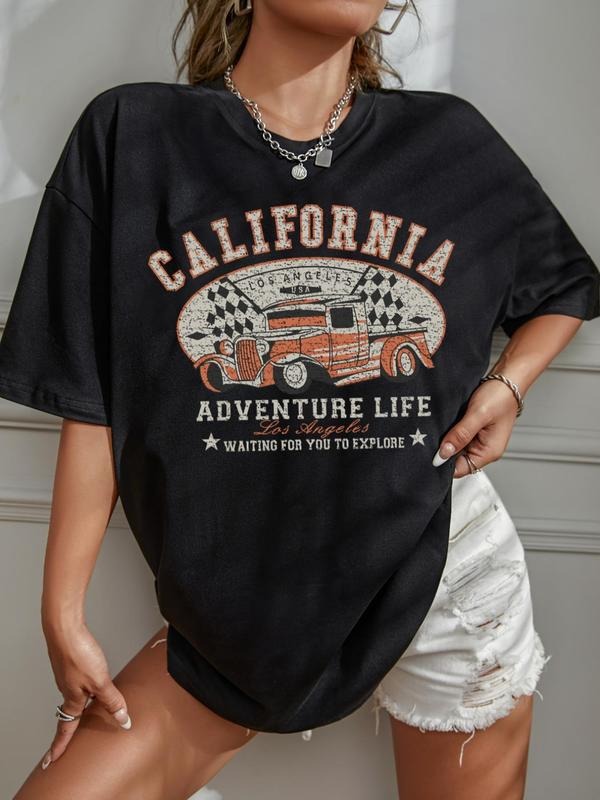 Women's Vintage Car & Letter Print Round Neck Graphic Tee without Necklace, Summer Clothes Women, Trendy Casual Drop Shoulder Short Sleeve T-shirt for Daily Wear, Ladies Summer Outfit