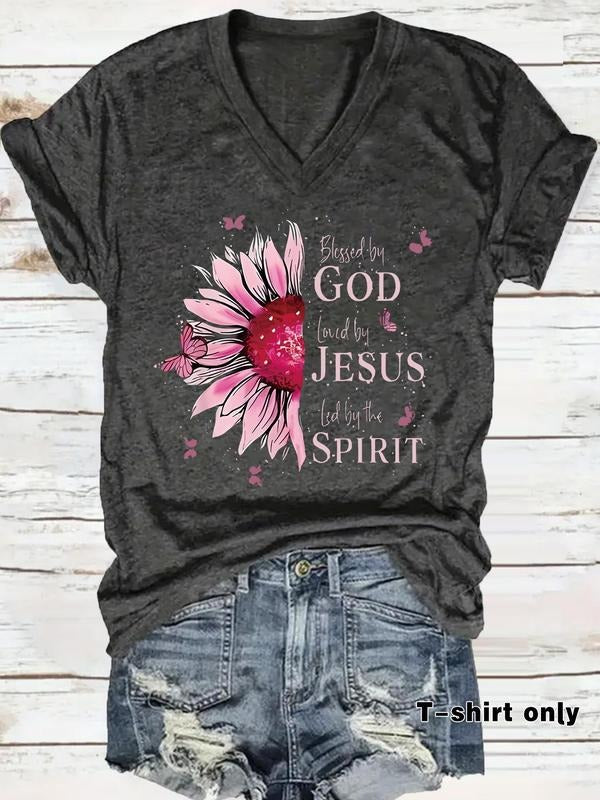 Women's Vintage Spirit Print V Neck Tee, Casual Loose Fit Short Sleeve T-shirt for Summer, Ladies Clothes for Daily Wear, Top