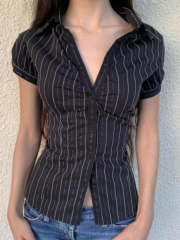 Women's Vintage Striped Print Button Front Shirt, Casual Short Sleeve Collared Top for Summer, Ladies Clothes for Daily Wear, Casual Classy Top