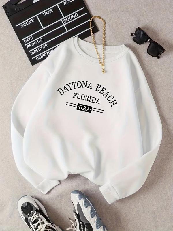 Women's White Letter Print Round Neck Vintage Sweatshirt without Necklace, Casual Comfort Fitted Long Sleeve Crew Neck Pullover for Fall & Winter, Lady's Tops Clothes for Daily Wear, Womenswear