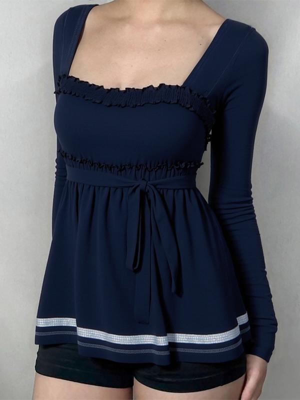 Women's Y2K Striped Lace Trim Square Neck Long Sleeve A-Line Vintage Cute Tie Front T-Shirt, Fall Winter Fashion Casual Top, Casual Classy Top