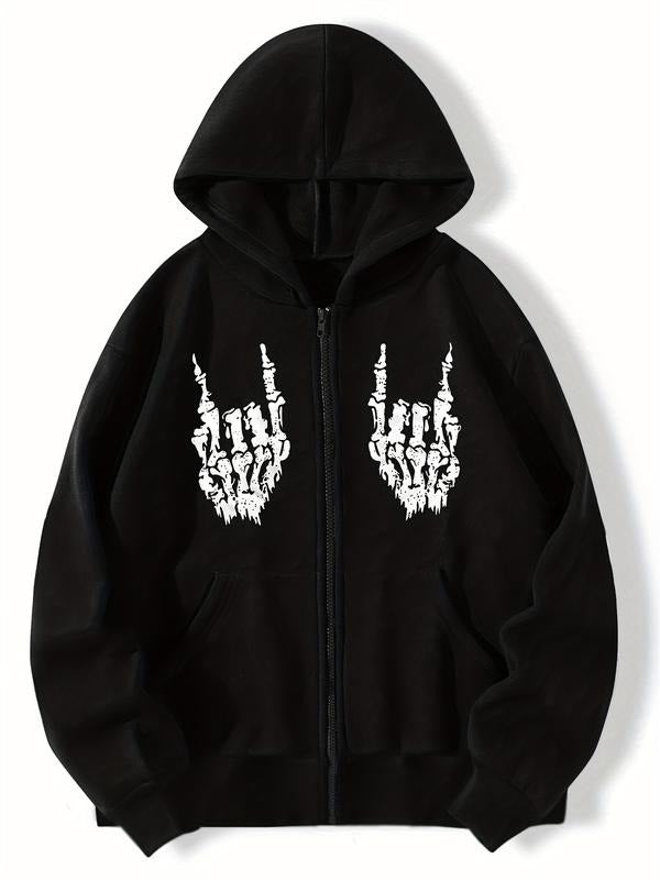 Women's Y2K style hooded sweatshirt, casual long sleeved zipper sweatshirt, skull pattern print, Spring and Autumn fashion style