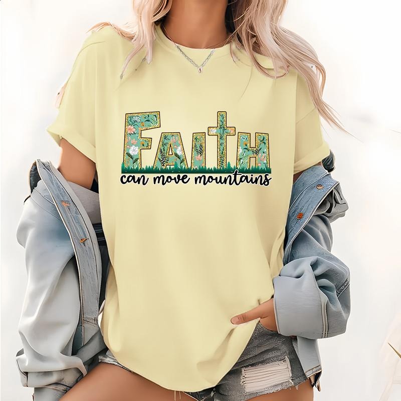 Womens Christian Print T-Shirt Faith Can Move Mountains, Christian, Floral Tee Church Clothes Christian Gifts Jesus T Shirts Bible Quotes Women's Faith Gifts Tops Rejoice in Christ