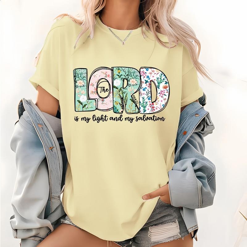 Womens Christian Print T-Shirt The Lord is My Light and Salvation, Christian, Floral Tee Church Clothes Christian Gifts Jesus T Shirts Bible Quotes Women's Faith Gifts Tops Rejoice in Christ