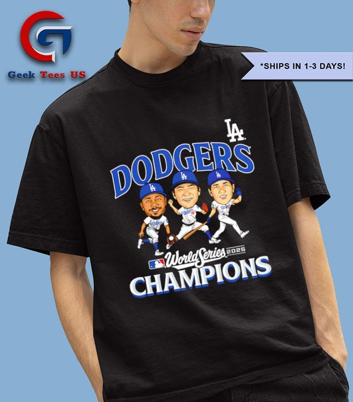 Yoshinobu Yamamoto Mookie Betts and Shohei Ohtani Los Angeles Dodgers World Series Champions 2025 caricature signature shirt