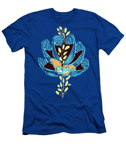 Abstract Floral Art In Teal Blue And Yellow T-Shirt