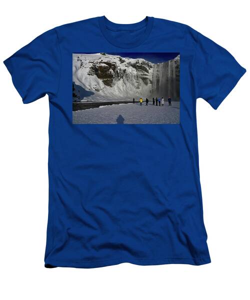 Back View Of Visitors At Skogafoss Waterfalls In Winter With My Shadow In Iceland T-Shirt