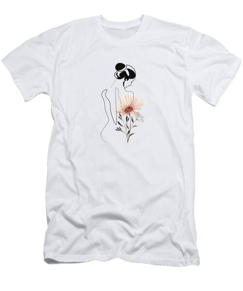Minimal Line Woman with Flowers T-Shirt