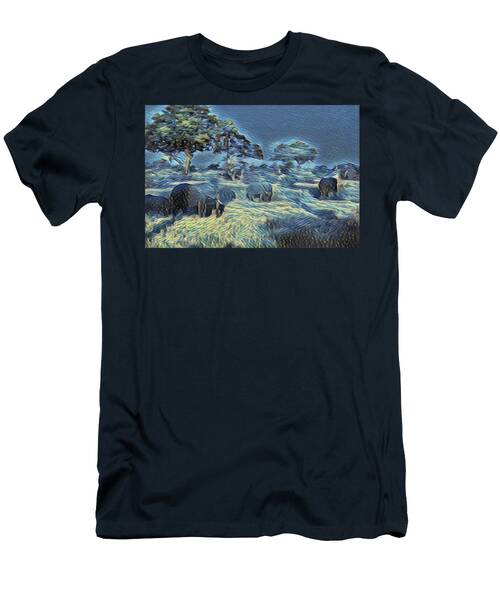 Blue Night Look Family Of Elephants Grazing In Botswana T-Shirt