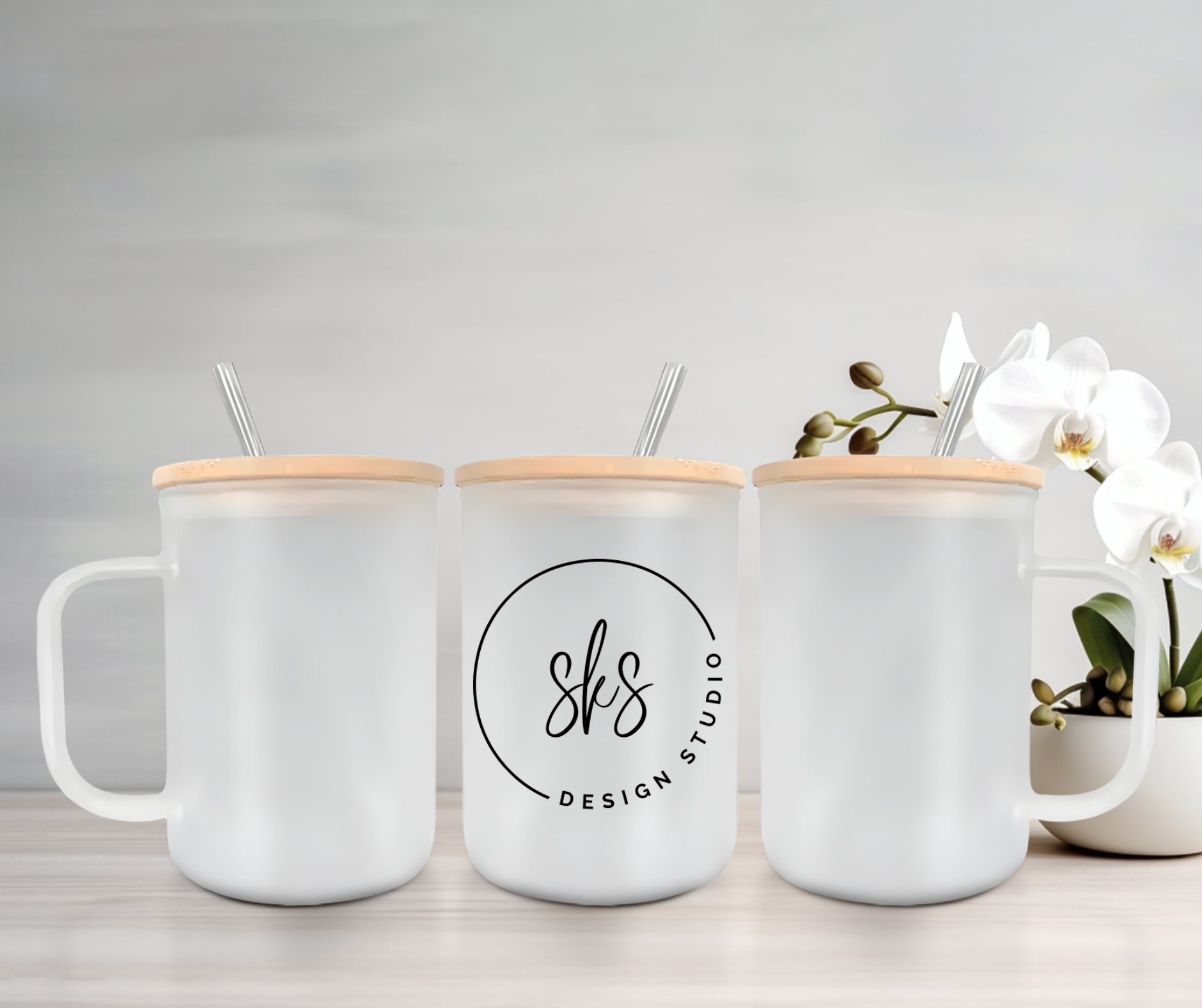 Custom Logo | Uvdtf | 15oz Mug with Handle, Bamboo Lid & Straw