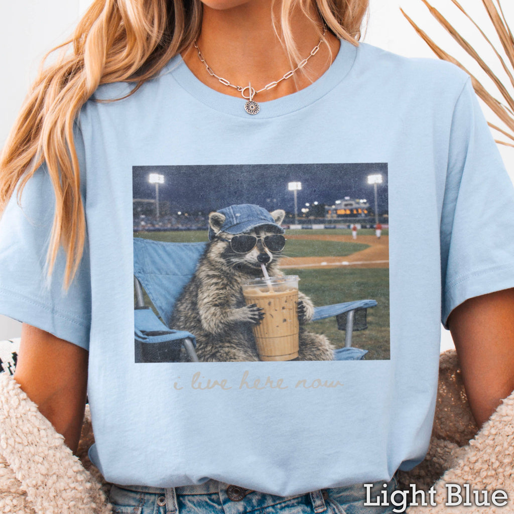 I Live Here Now Raccoon Baseball Graphic T-Shirt | Gildan
