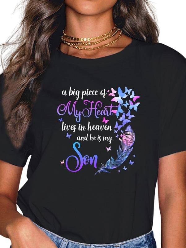 cotton My Son Lives In Heaven Memorial Quotes Love Mom Dad Matching T-Shirt casual Fashion graphic tees women