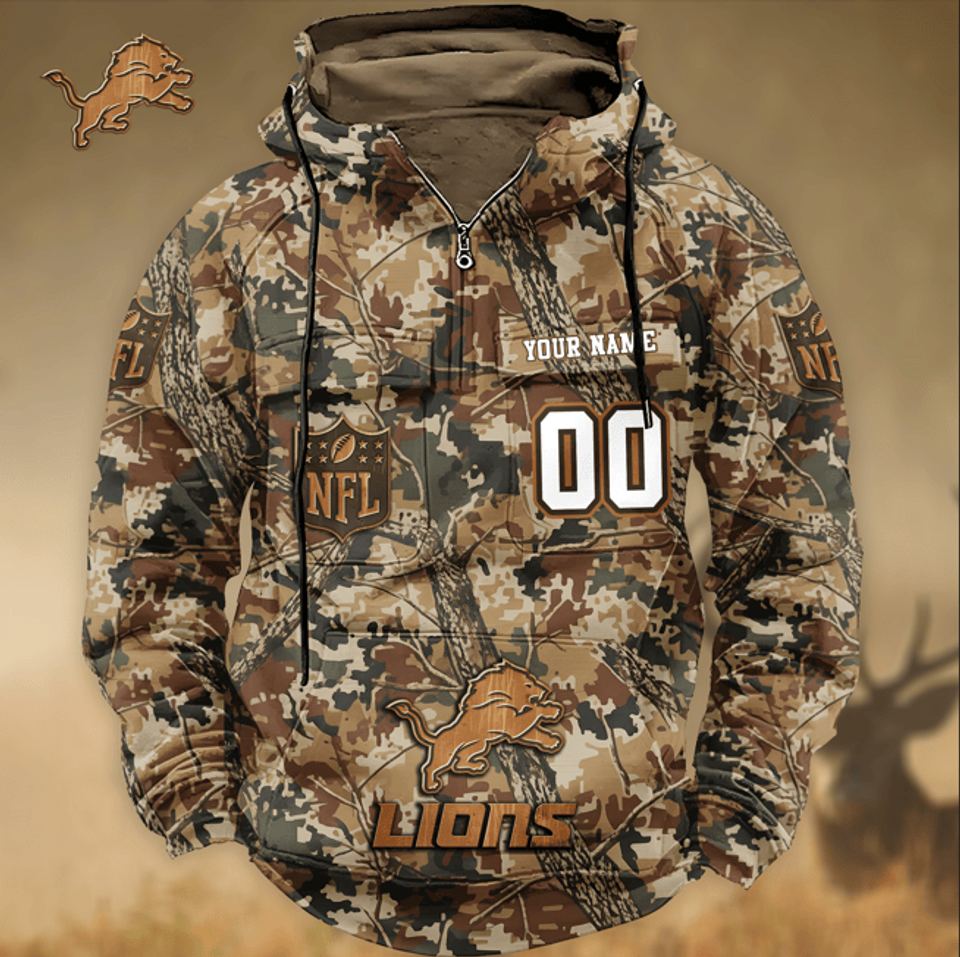 Detroit Lions Custom Name Number Camo Huntin' 3D Cargo Hoodie