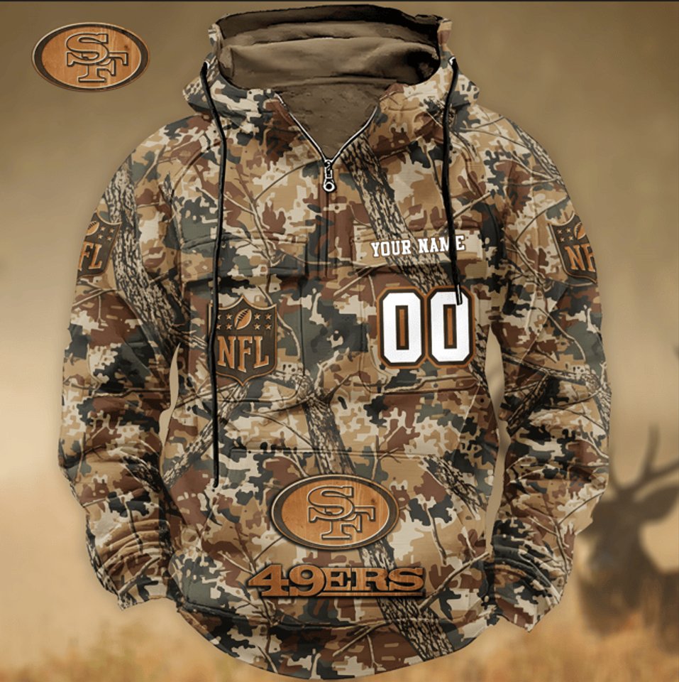 San Francisco SF49ers Custom Name Number Camo Huntin' 3D Cargo Hoodie