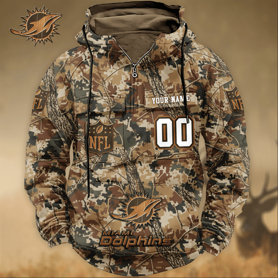 Miami Dolphins Custom Name Number Camo Huntin' 3D Cargo Hoodie