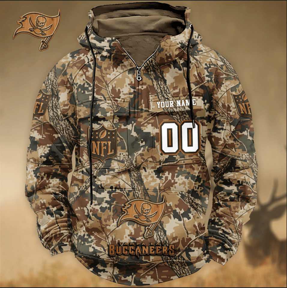 Tampa Bay Buccaneers Custom Name Number Camo Huntin' 3D Cargo Hoodie