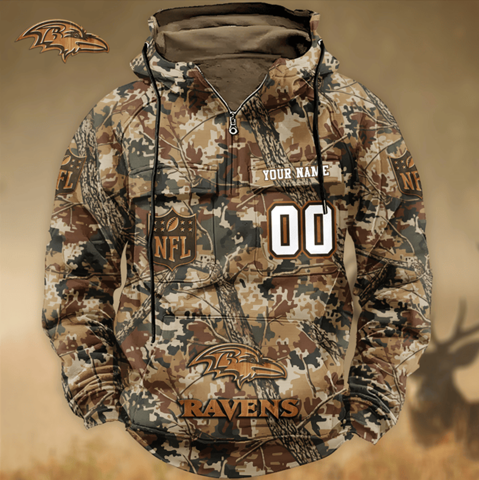Baltimore Raven Custom Name Number Camo Huntin' 3D Cargo Hoodie