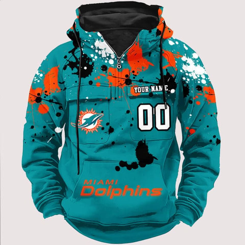 Personalized Miami Dolphins Paint-Splatter Custom Name Number 3D Cargo Hoodie