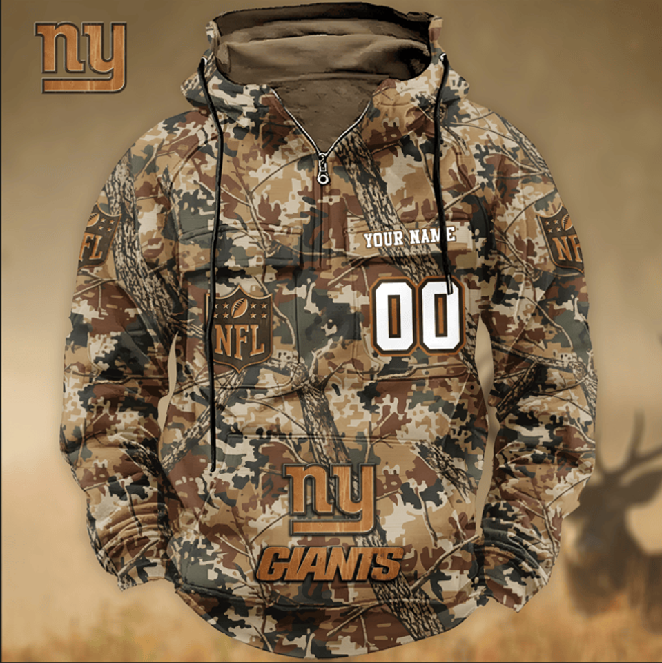 New York Giants Custom Name Number Camo Huntin' 3D Cargo Hoodie