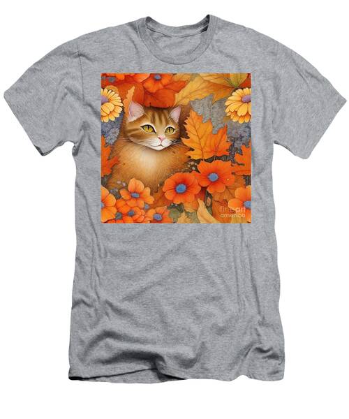Cute Ginger Cat In Autumn Leaves. T-Shirt