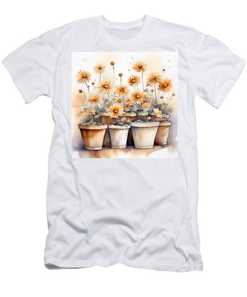 Cute Small Chrysanthemums In Clay Pots - Autumn Watercolor Portrait In Retro Style. T-Shirt