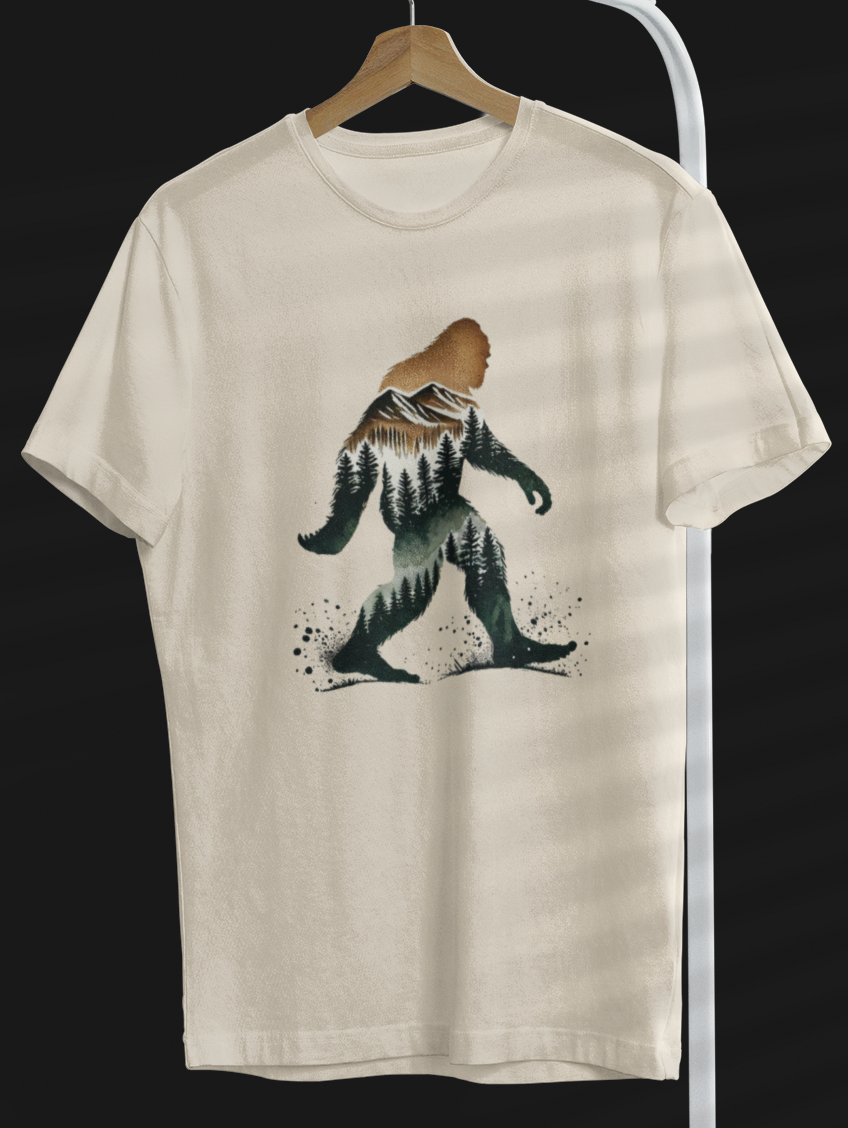 Bigfoot Silhouette with Trees & Mountains T-Shirt (Tan)