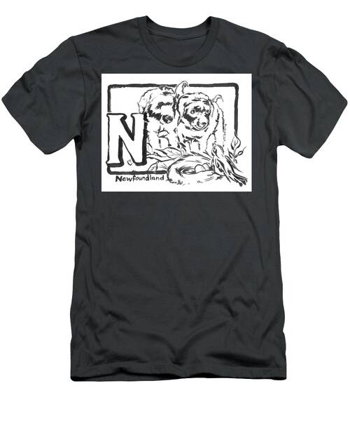 Dog Drawing Newfoundland Black And White And Letter N T-Shirt