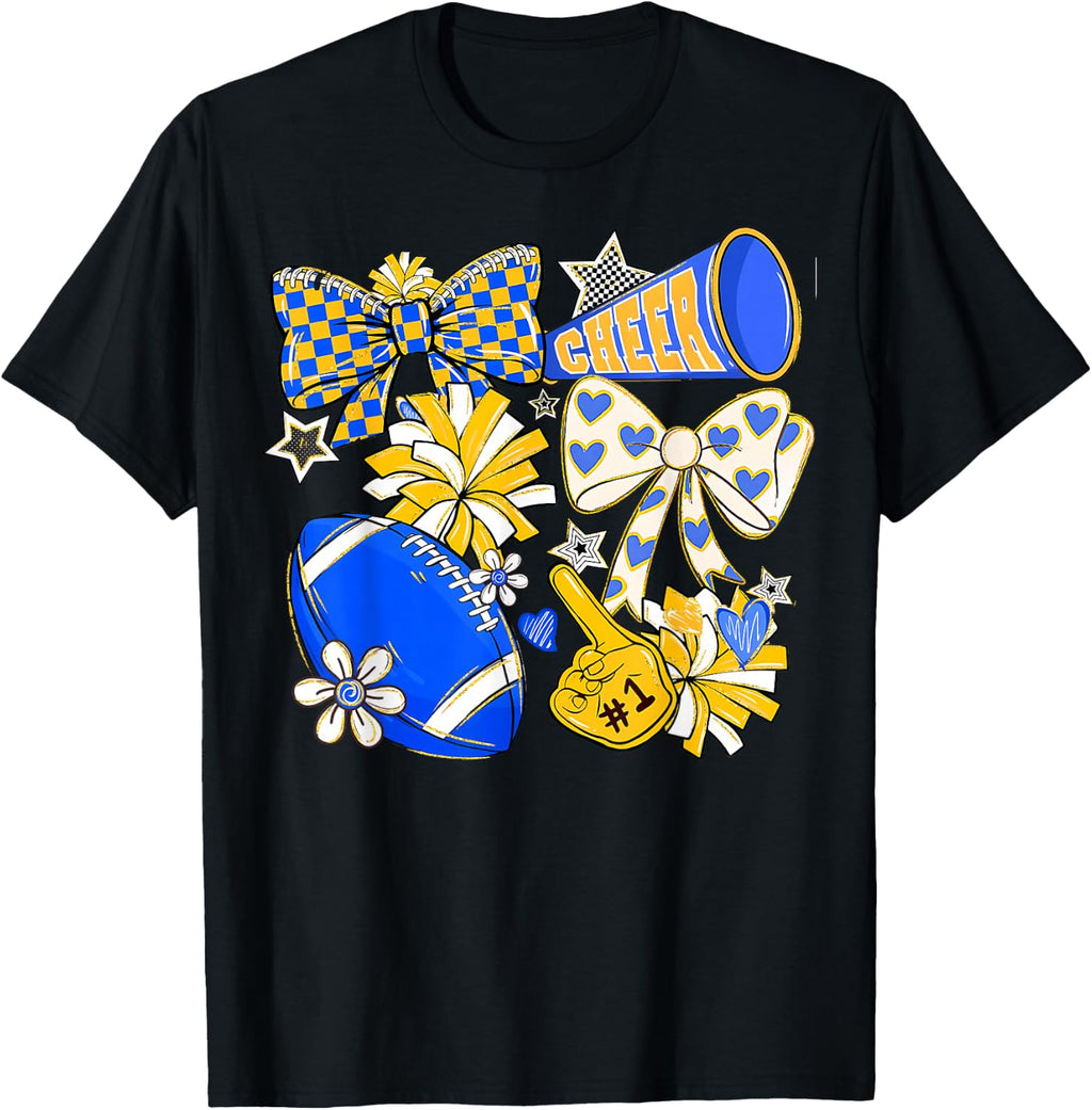 Retro Blue Gold Cheer Football Game Day Coquette Bow Unisex T-shirt, Sweatshirt, Hoodie (1)